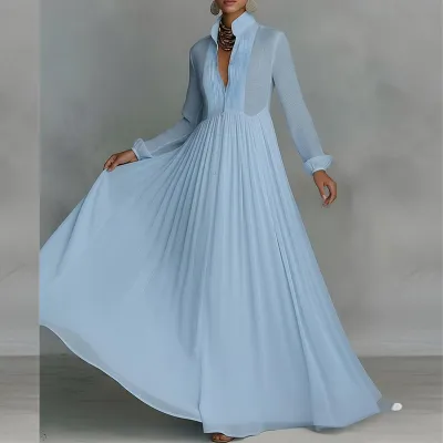 Women Fashion Casual Summer Solid Color Collar Waist Long Sleeve Loose Dress