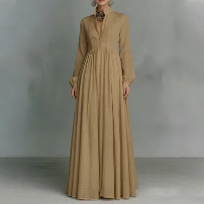 Women Fashion Casual Summer Solid Color Collar Waist Long Sleeve Loose Dress
