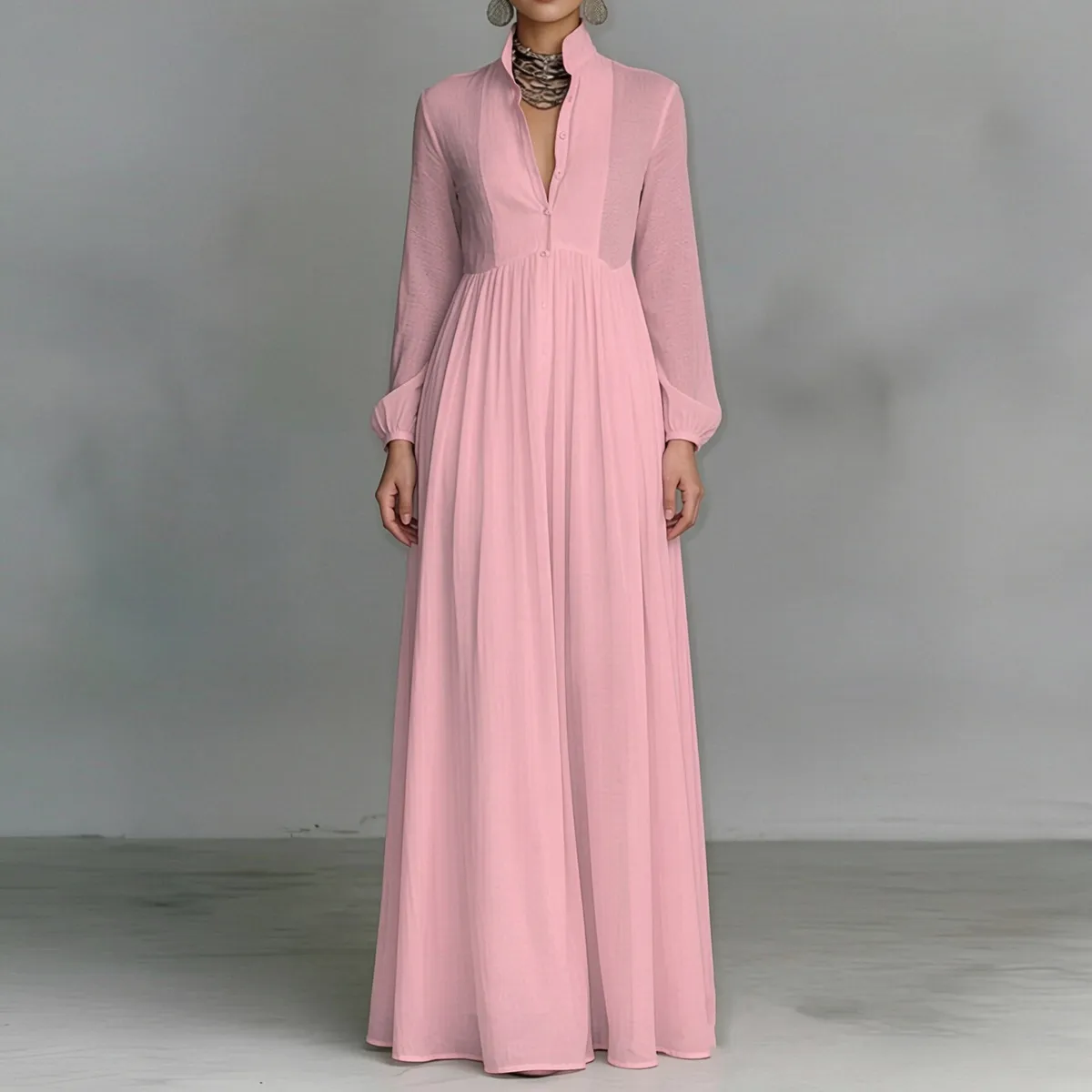 Women Fashion Casual Summer Solid Color Collar Waist Long Sleeve Loose Dress