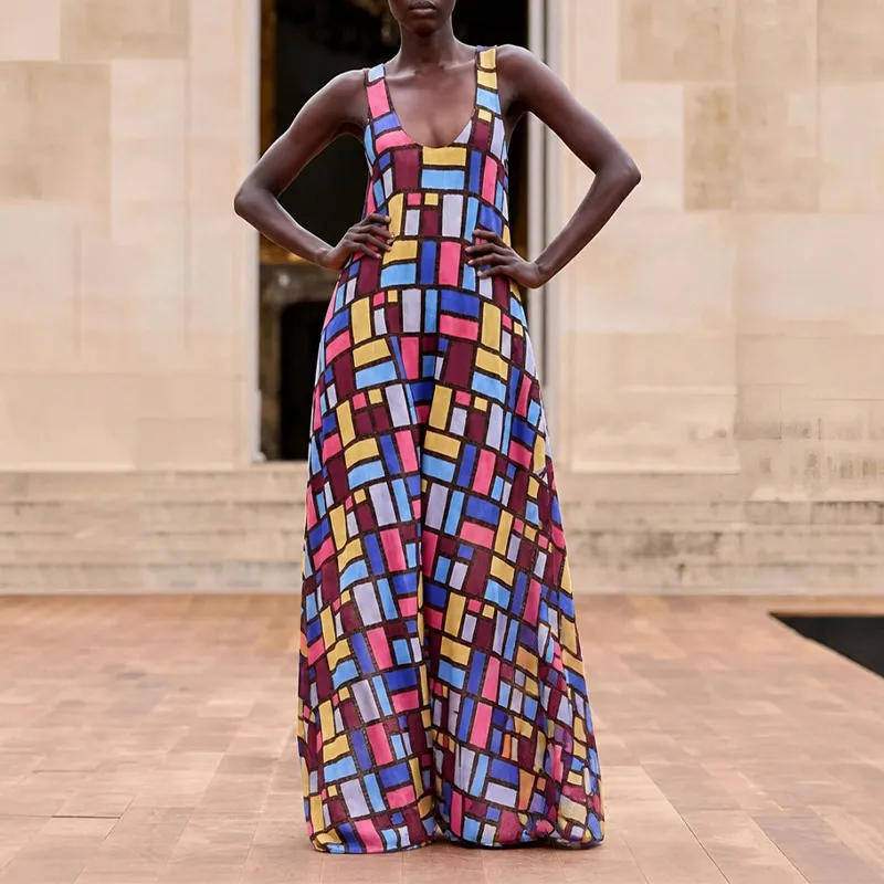 Women Fashion Casual Summer Geometric Printed Sleeveless Long Dress