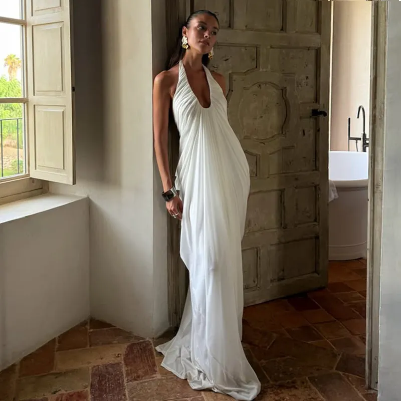 Women Fashion Sexy Summer Solid Color Halter-Neck Sleeveless Backless Loose Pleated Mesh Dress