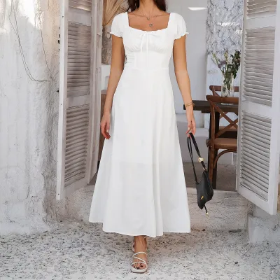Women Fashion Elegant Spring And Summer Solid Color Lace-Up Pleated Puff Sleeve A- Line Dress