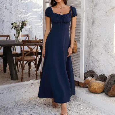 Women Fashion Elegant Spring And Summer Solid Color Lace-Up Pleated Puff Sleeve A- Line Dress
