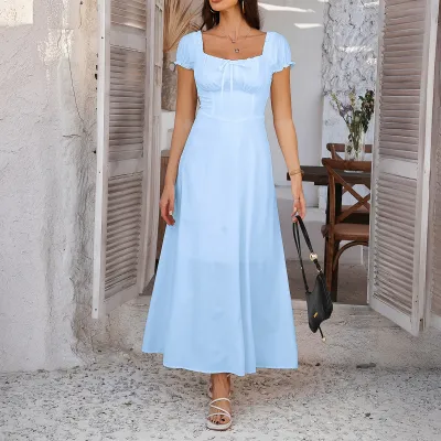 Women Fashion Elegant Spring And Summer Solid Color Lace-Up Pleated Puff Sleeve A- Line Dress