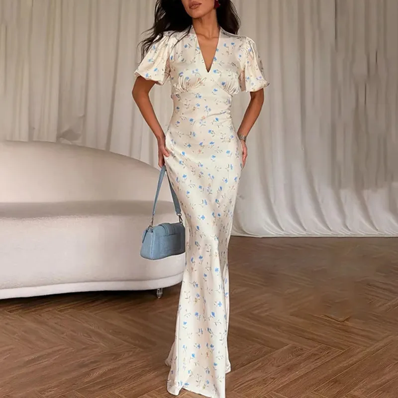 Women Fashion Elegant Flower Printed V-Neck Short-Sleeve Dress