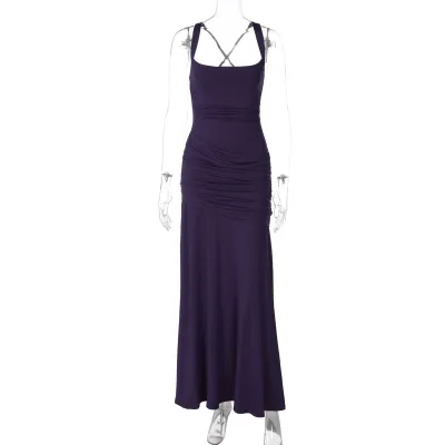 Women Fashion Solid Color Back Strap Design Sleeveless Dress