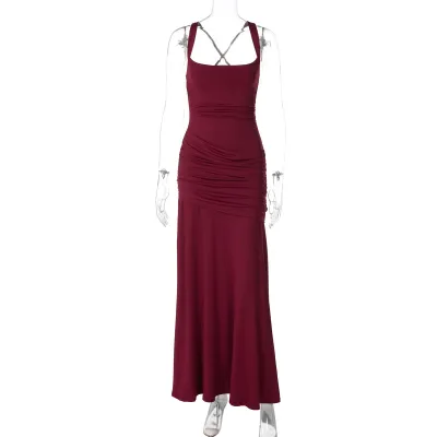 Women Fashion Solid Color Back Strap Design Sleeveless Dress