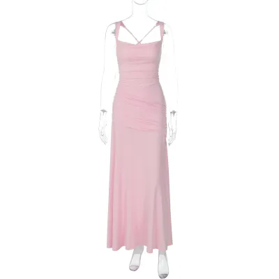 Women Fashion Solid Color Back Strap Design Sleeveless Dress