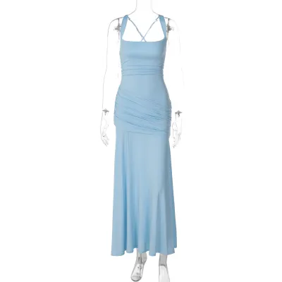 Women Fashion Solid Color Back Strap Design Sleeveless Dress