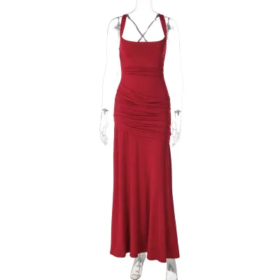 Women Fashion Solid Color Back Strap Design Sleeveless Dress