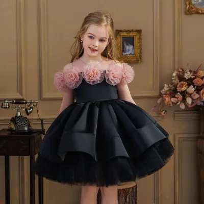 Kids Girls Fashion Elegant Flower Decoration Sleeveless Mesh Fluffy Party Dress