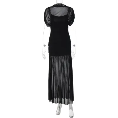 Women Fashion Sexy Solid Color Stitching Mesh Perspective Short-Sleeve Tight Waist-Fit Dress