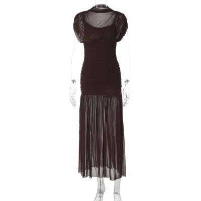 Women Fashion Sexy Solid Color Stitching Mesh Perspective Short-Sleeve Tight Waist-Fit Dress