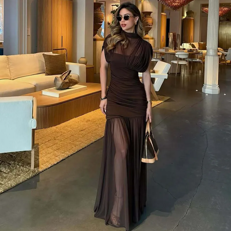 Women Fashion Sexy Solid Color Stitching Mesh Perspective Short-Sleeve Tight Waist-Fit Dress