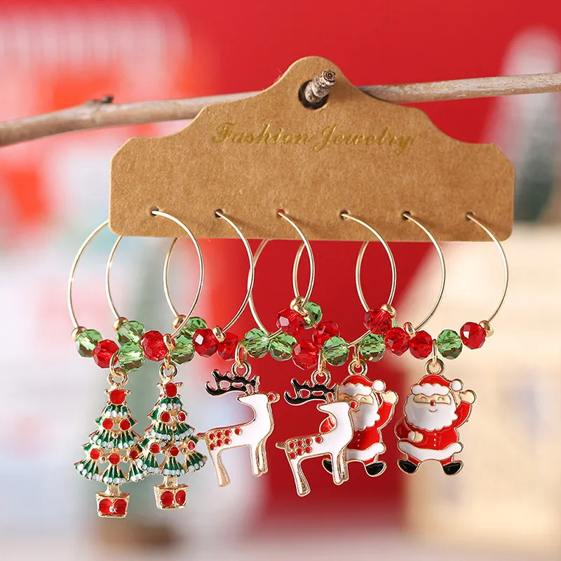 Christmas Women Fashion Element Alloy Pendant Red And Green Round Beads Earrings Set