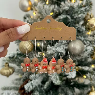 Christmas Women Fashion Cute Gingerbread Man Santa Claus Earrings 3 Pair Set