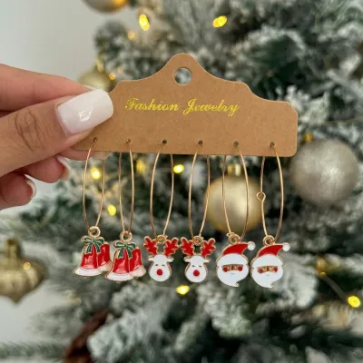 Christmas Women Fashion Cute Gingerbread Man Santa Claus Earrings 3 Pair Set