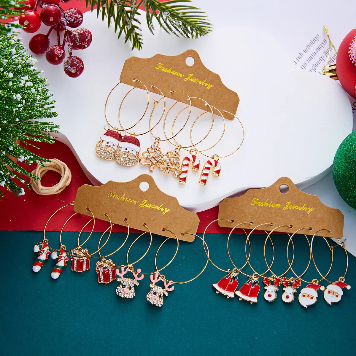 Christmas Women Fashion Cute Gingerbread Man Santa Claus Earrings 3 Pair Set