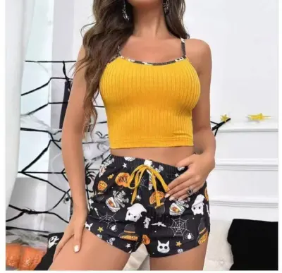 Halloween Women Fashion Sexy Printed Camisole Loose Shorts Pajamas Two-Piece Set