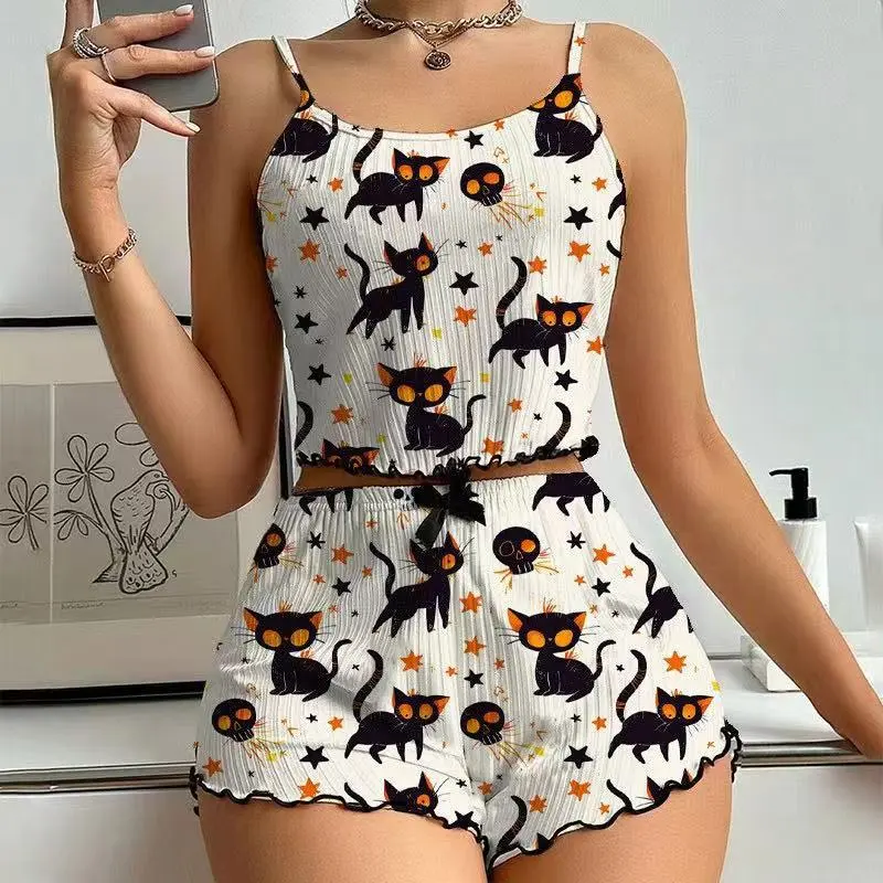 Halloween Women Fashion Sexy Printed Camisole Loose Shorts Pajamas Two-Piece Set