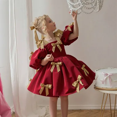 Kids Girls Fashion Elegant Solid Color Bow Decoration Puff Sleeve Party Dress