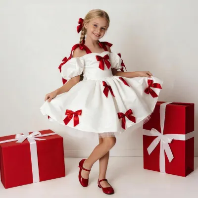 Kids Girls Fashion Elegant Solid Color Bow Decoration Puff Sleeve Party Dress
