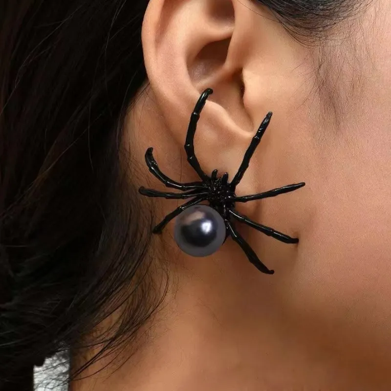 Halloween Women Fashion Black Pearl Spider Earrings