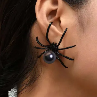Halloween Women Fashion Black Pearl Spider Earrings
