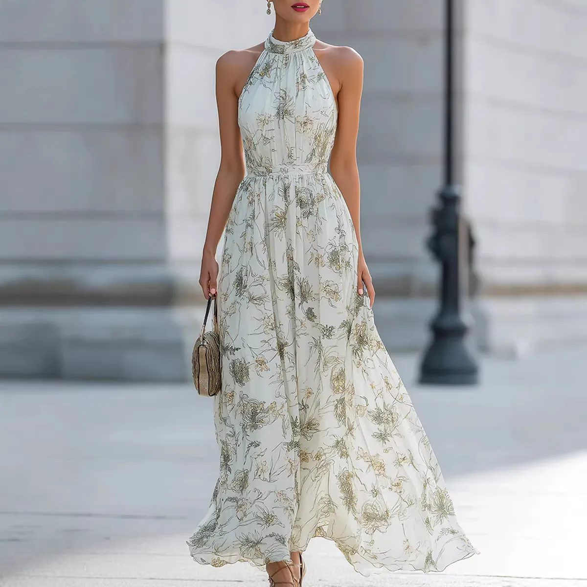Women Elegant Sleeveless Tiny Flower-Print Maxi A- Line Dress