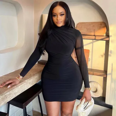 Women Sexy Solid Color Long Sleeve Mini Dress