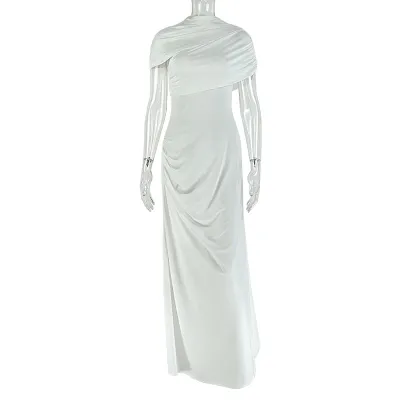 Women Elegant Solid Pleated Asymmetrical Maxi Dress