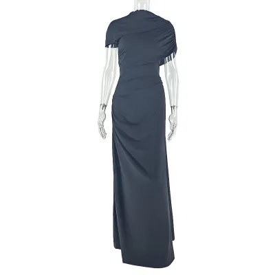 Women Elegant Solid Pleated Asymmetrical Maxi Dress