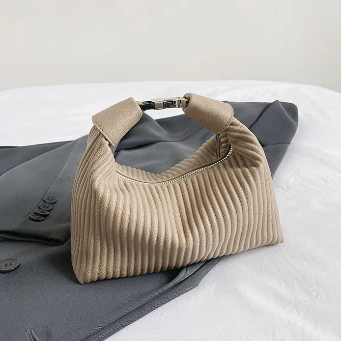 Women Fashion Casual Solid Color Portable Pleated Handbag