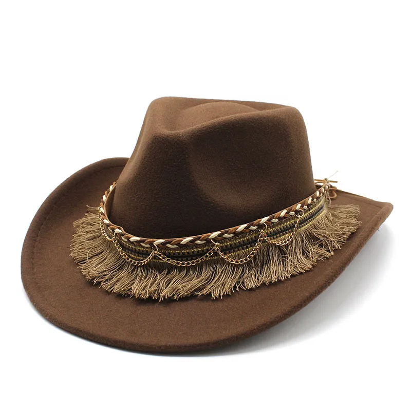 Women Fashion Casual Ethnic Style Tassel Felt Western Cowboy Hat