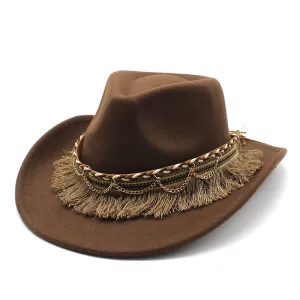 Women Fashion Casual Ethnic Style Tassel Felt Western Cowboy Hat