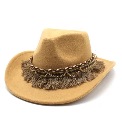 Women Fashion Casual Ethnic Style Tassel Felt Western Cowboy Hat