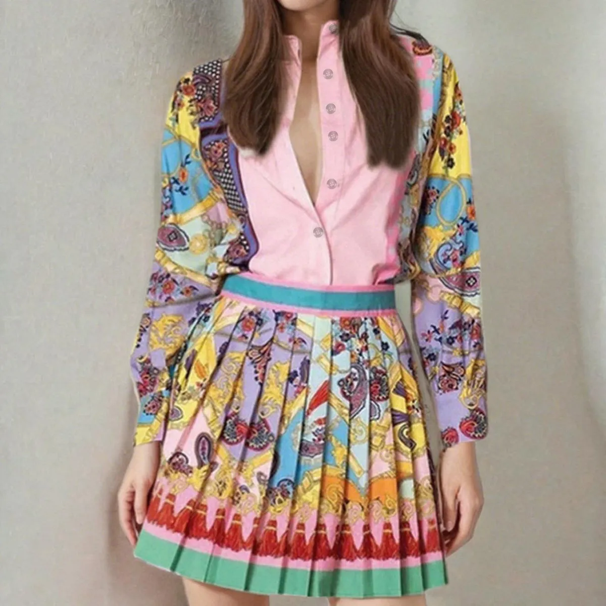 Women Fashion Casual Autumn Printed Lapel Long-Sleeve Blouse Pleated Skirt Two-Piece Set