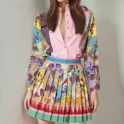 Women Fashion Casual Autumn Printed Lapel Long-Sleeve Blouse Pleated Skirt Two-Piece Set