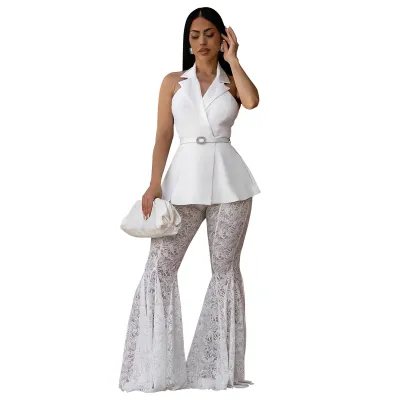Women Fashion Sexy Solid Color Lapel Sleeveless Backless Top Lace Flared Pants Two-Piece Set