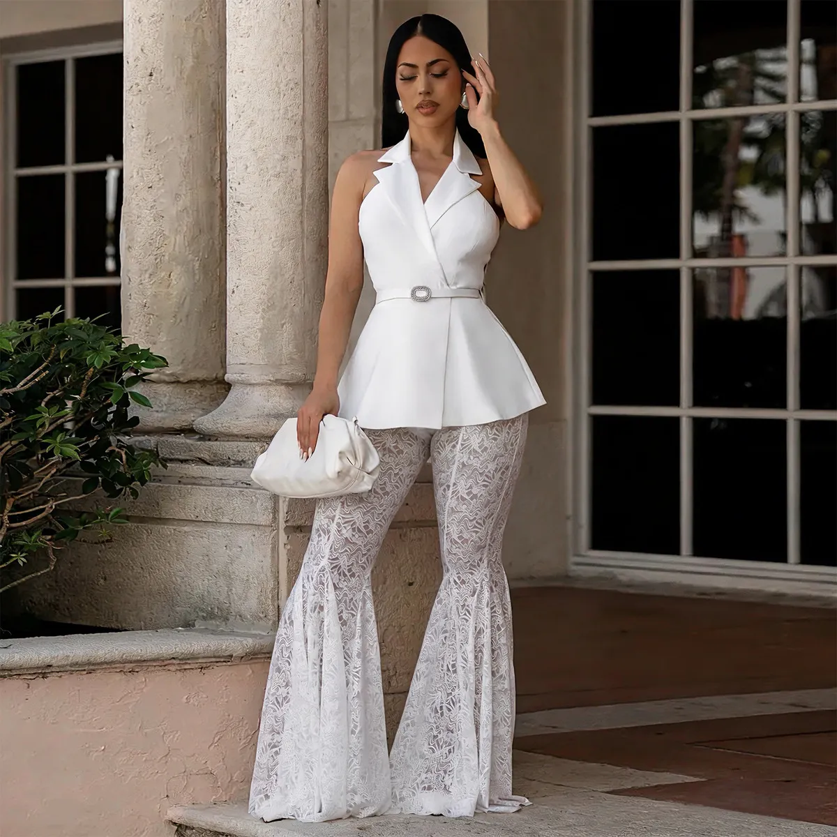 Women Fashion Sexy Solid Color Lapel Sleeveless Backless Top Lace Flared Pants Two-Piece Set
