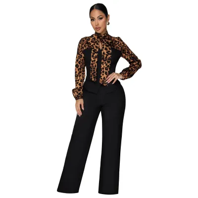 Women Fashion Casual Autumn Leopard Stitching Lapel Long-Sleeve Blouse Straight Pants Two-Piece Set