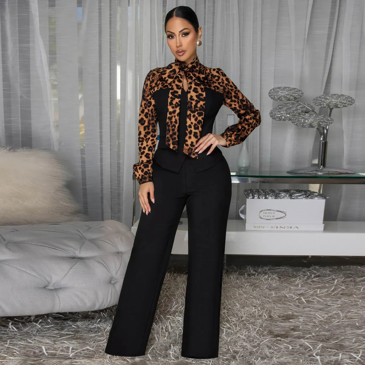 Women Fashion Casual Autumn Leopard Stitching Lapel Long-Sleeve Blouse Straight Pants Two-Piece Set