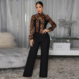 Women Fashion Casual Autumn Leopard Stitching Lapel Long-Sleeve Blouse Straight Pants Two-Piece Set