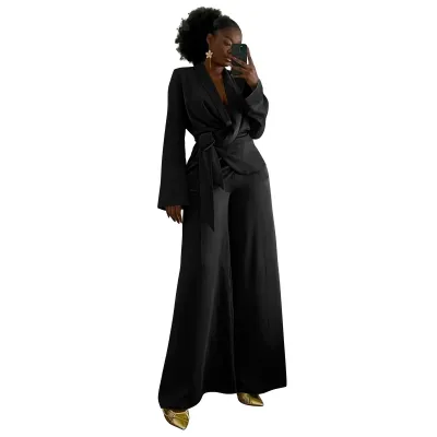 Women Fashion Casual Autumn And Winter Solid Color Long-Sleeve Cardigan Wide Leg Pants Two-Piece Set