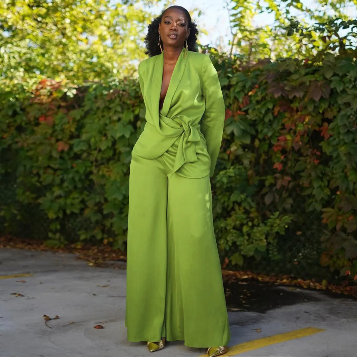 Women Fashion Casual Autumn And Winter Solid Color Long-Sleeve Cardigan Wide Leg Pants Two-Piece Set