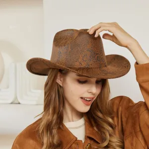 Women Fashion Casual Retro Snakeskin Pattern Large Brim Western Cowboy Hat
