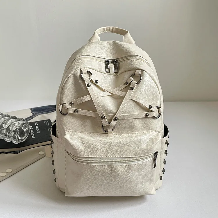 Women Fashion Casual Solid Color Cross Rivet Backpack
