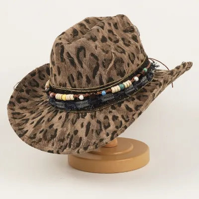 Women Fashion Casual Ethnic Style Leopard Woolen Big Brim Jazz Western Cowboy Hat