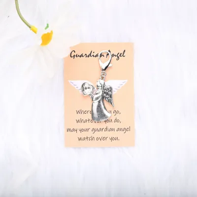 Women Fashion Guardian Angel English Blessing Card Diamond Keychain