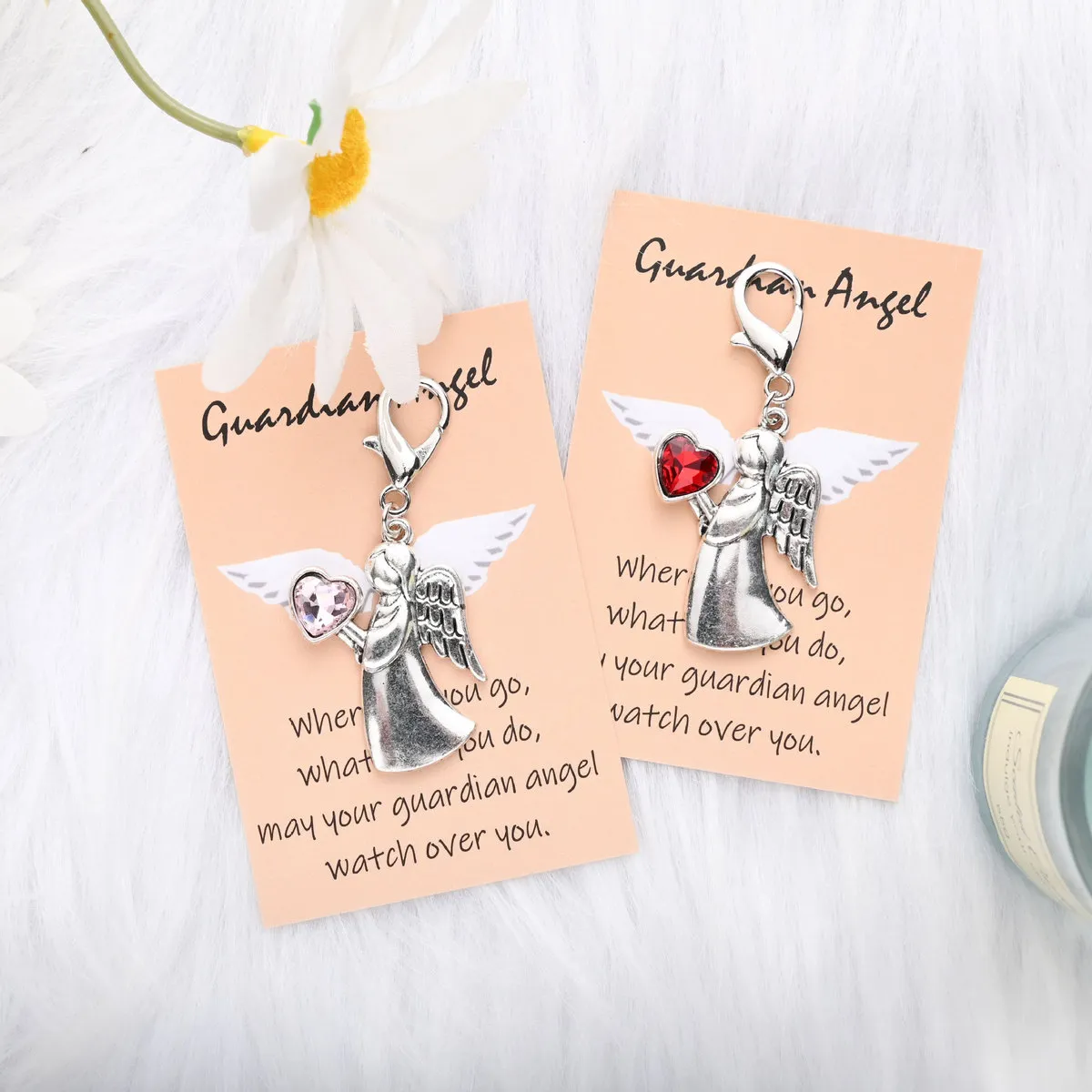 Women Fashion Guardian Angel English Blessing Card Diamond Keychain